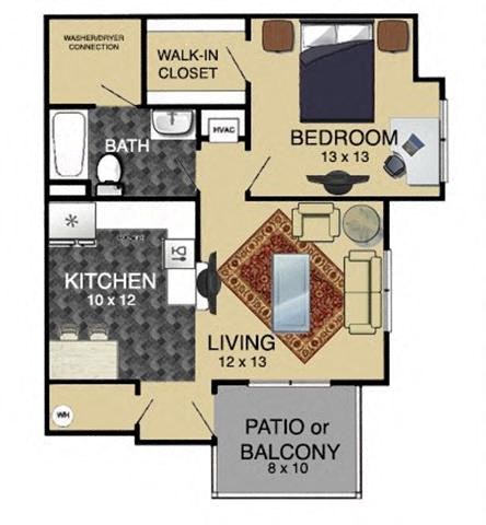 Floor plan for 1 bed, 1 bath, 713 sqft