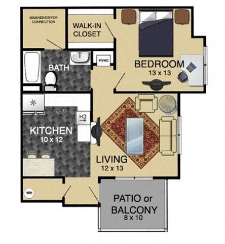 Floor plan for 1 bed, 1 bath, 813 sqft