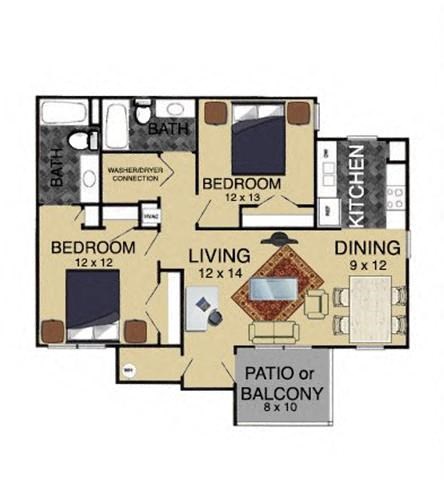 Floor plan for 2 beds, 2 baths, 1000 sqft
