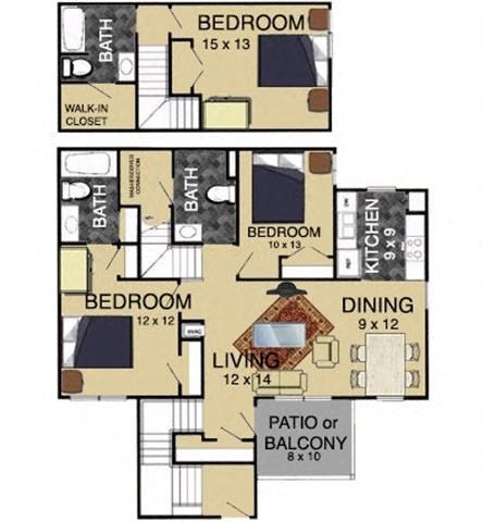 Floor plan for 3 beds, 3 baths, 1490 sqft