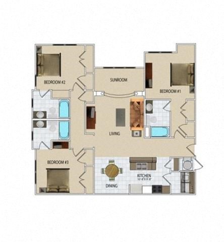 Floor plan for 3 beds, 3 baths, 1544 sqft