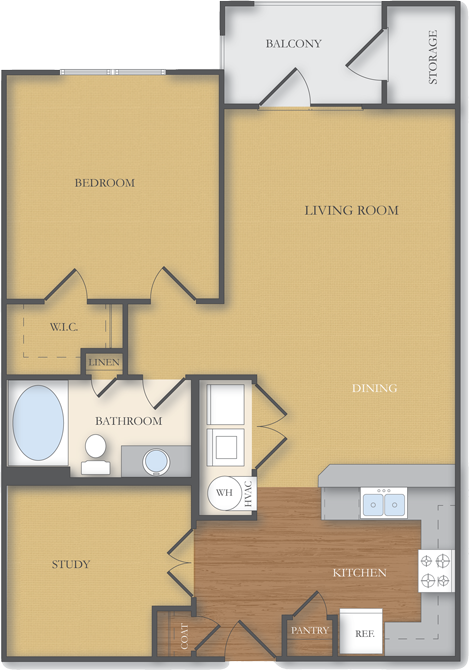 Floor plan for 1 bed, 1 bath, 898 sqft