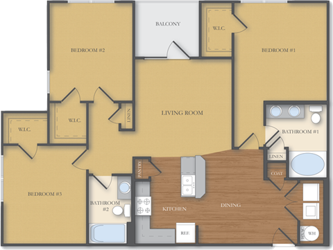 Floor plan for 3 beds, 2 baths, 1260 sqft