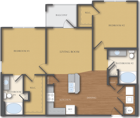 Floor plan for 2 beds, 2 baths, 1093 sqft