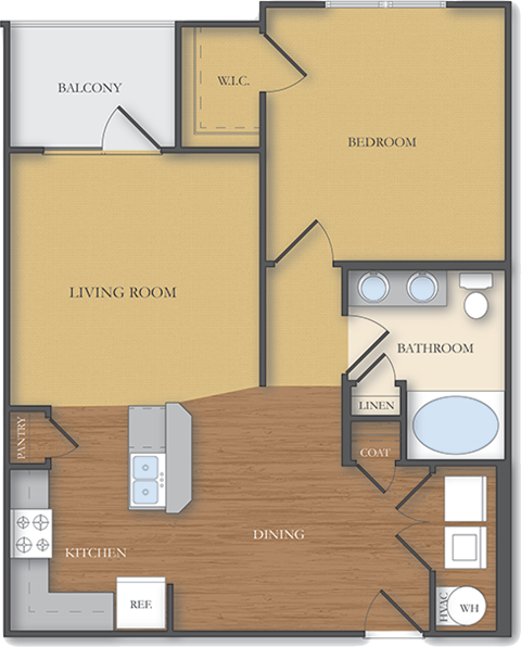 Floor plan for 1 bed, 1 bath, 776 sqft
