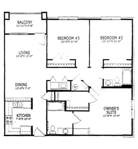 Floor plan for 3 beds, 2 baths, 1252 sqft