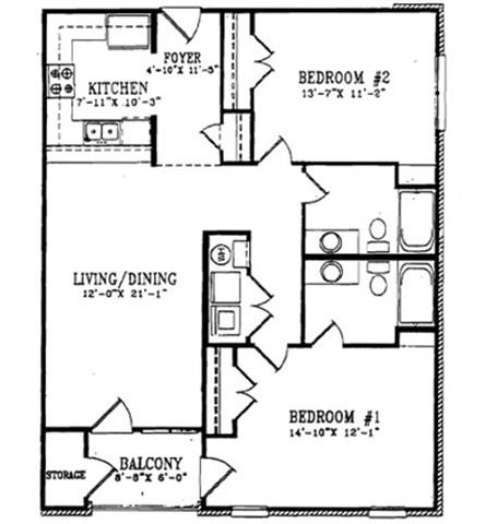 Floor plan for 2 beds, 2 baths, 1027 sqft