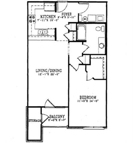 Floor plan for 1 bed, 1 bath, 808 sqft