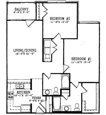 Floor plan for 2 beds, 2 baths, 1063 sqft