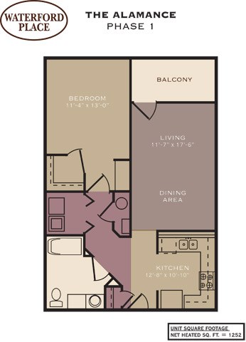 Floor plan for 1 bed, 1 bath, 1252 sqft