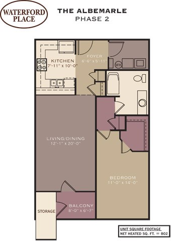 Floor plan for 1 bed, 1 bath, 802 sqft