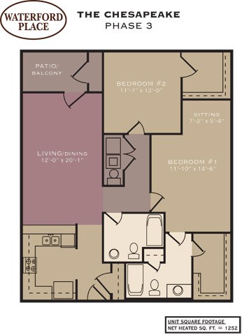 Floor plan for 2 beds, 2 baths, 1252 sqft
