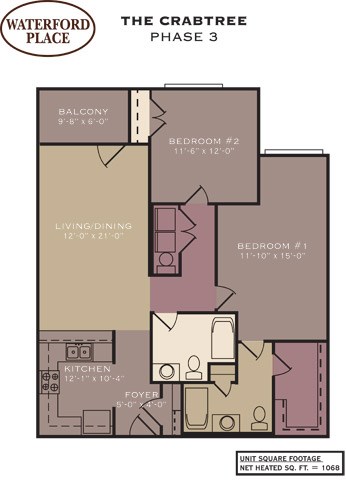 Floor plan for 2 beds, 2 baths, 1068 sqft