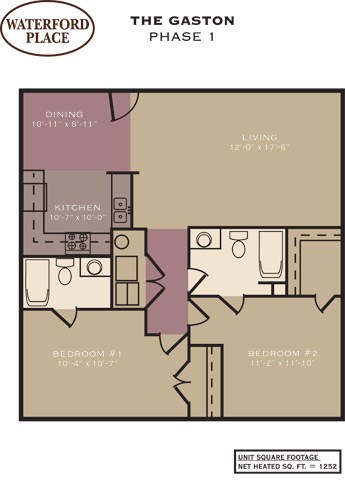 Floor plan for 2 beds, 2 baths, 1252 sqft