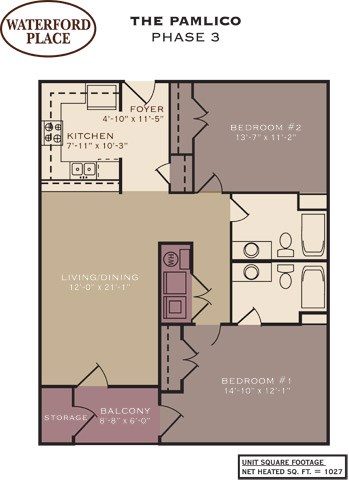 Floor plan for 2 beds, 2 baths, 1027 sqft