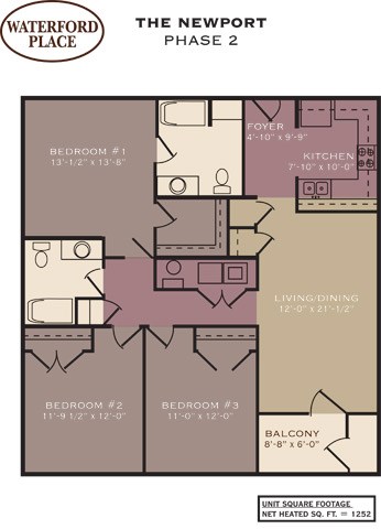 Floor plan for 3 beds, 2 baths, 1252 sqft