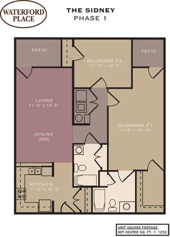 Floor plan for 2 beds, 2 baths, 1252 sqft