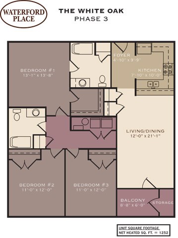 Floor plan for 3 beds, 2 baths, 1252 sqft