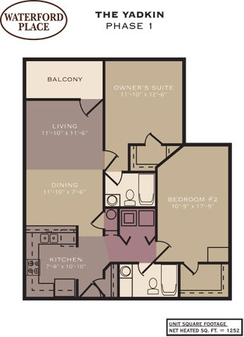 Floor plan for 2 beds, 2 baths, 1252 sqft