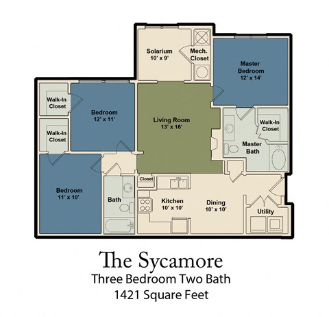 Floor plan for 3 beds, 2 baths, 1421 sqft