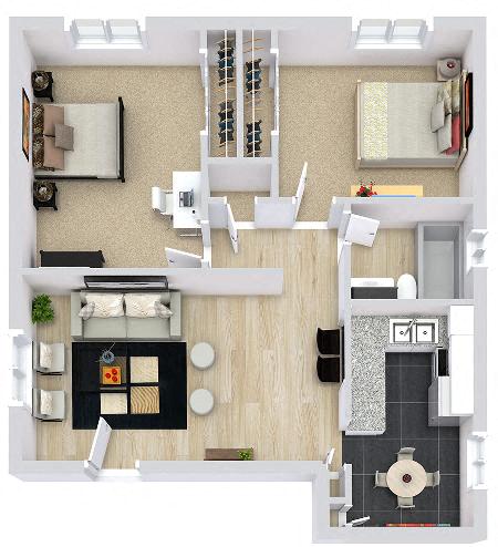Floor plan for 2 beds, 1 bath, 780 sqft