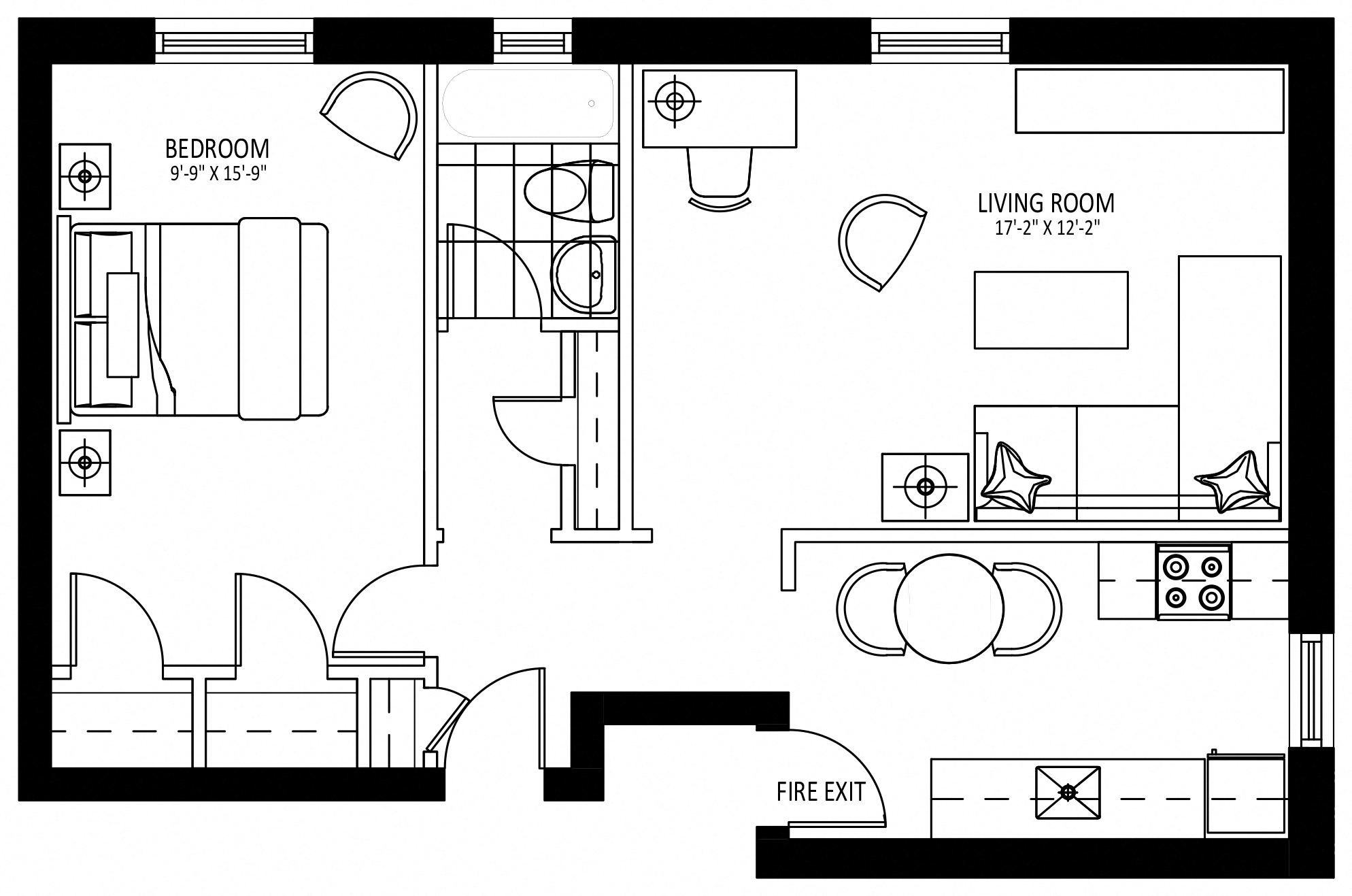 Floor plan for 1 bed, 1 bath, 724 sqft