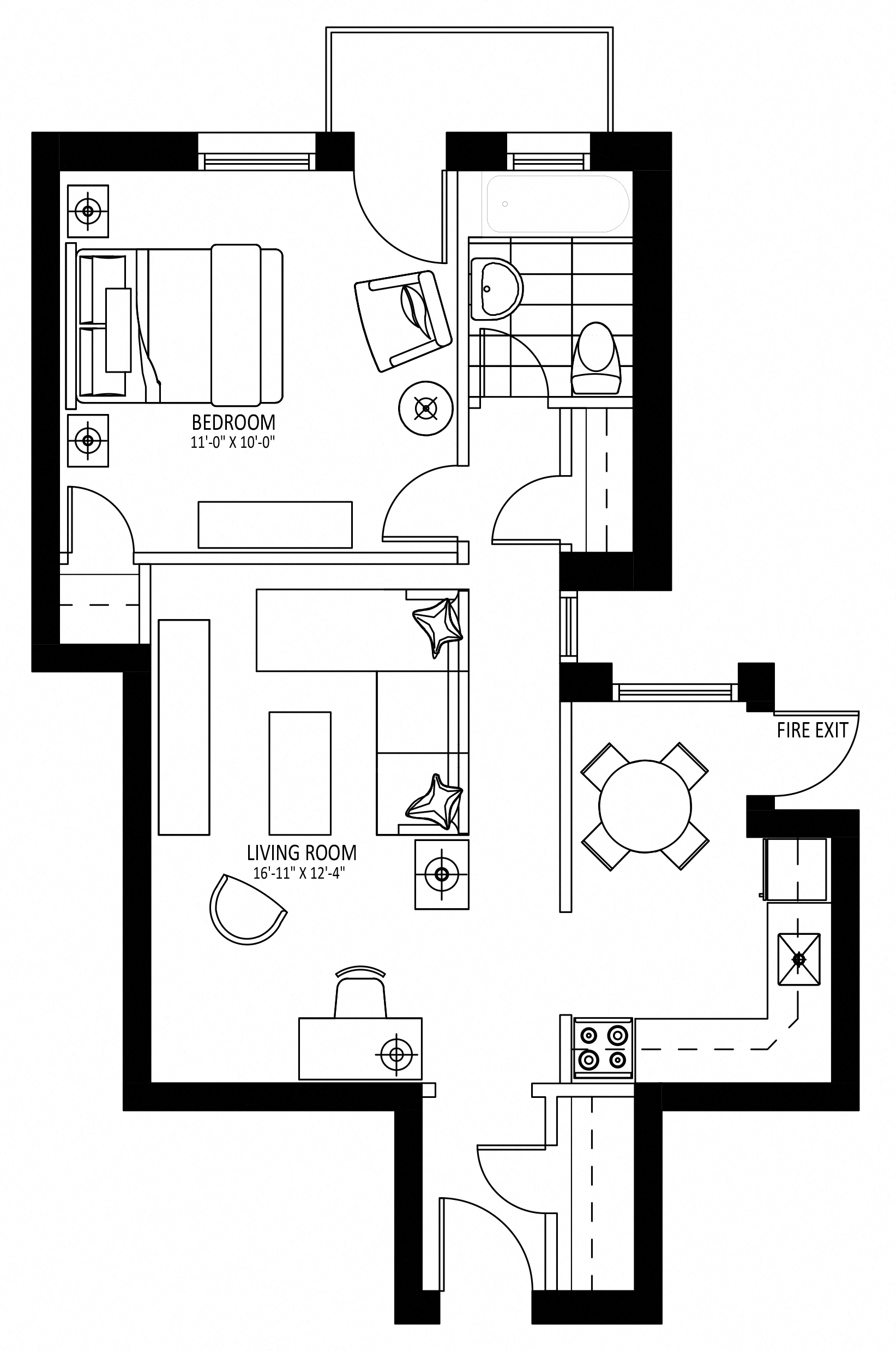 Floor plan for 1 bed, 1 bath, 653 sqft