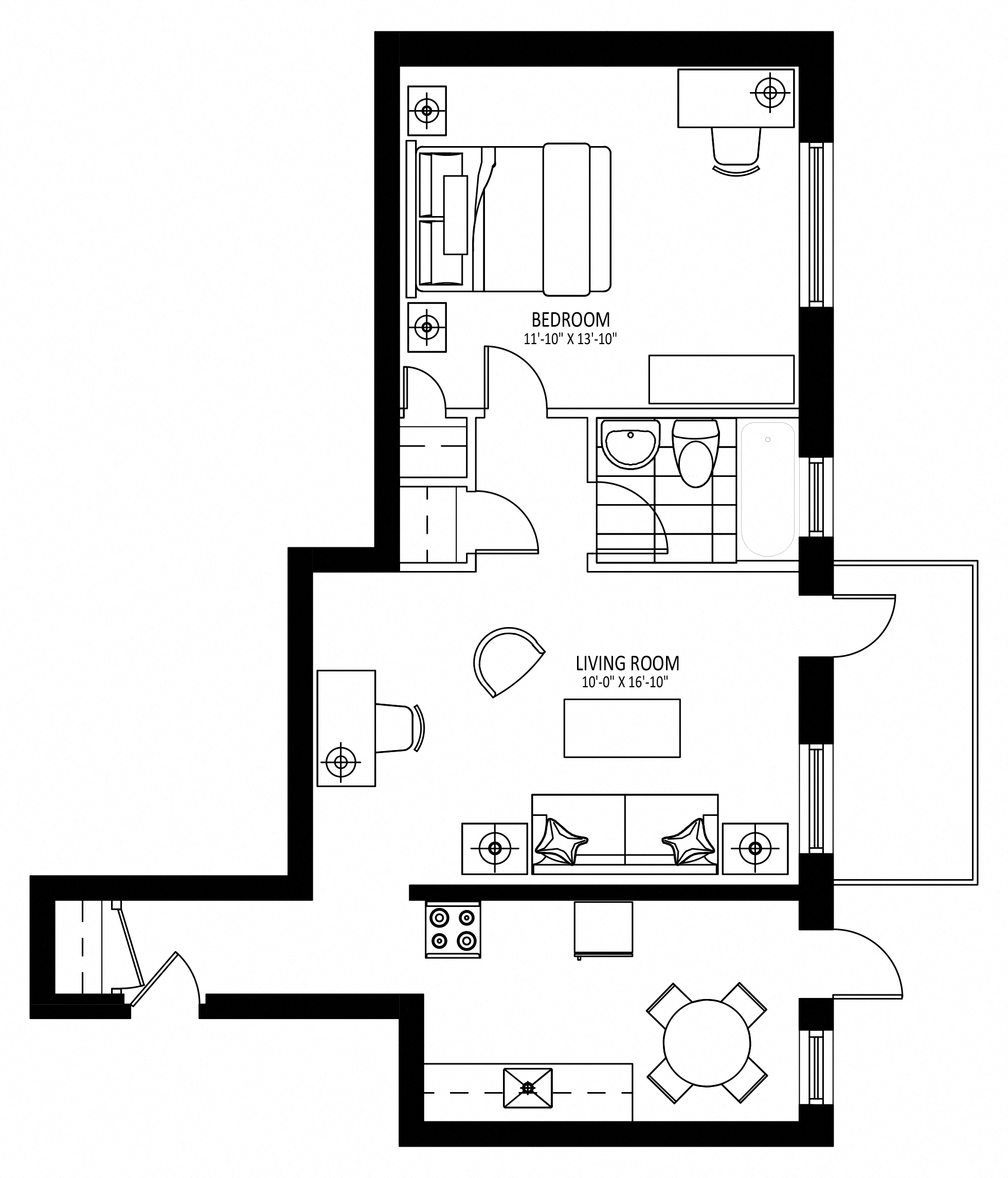 Floor plan for 1 bed, 1 bath, 672 sqft