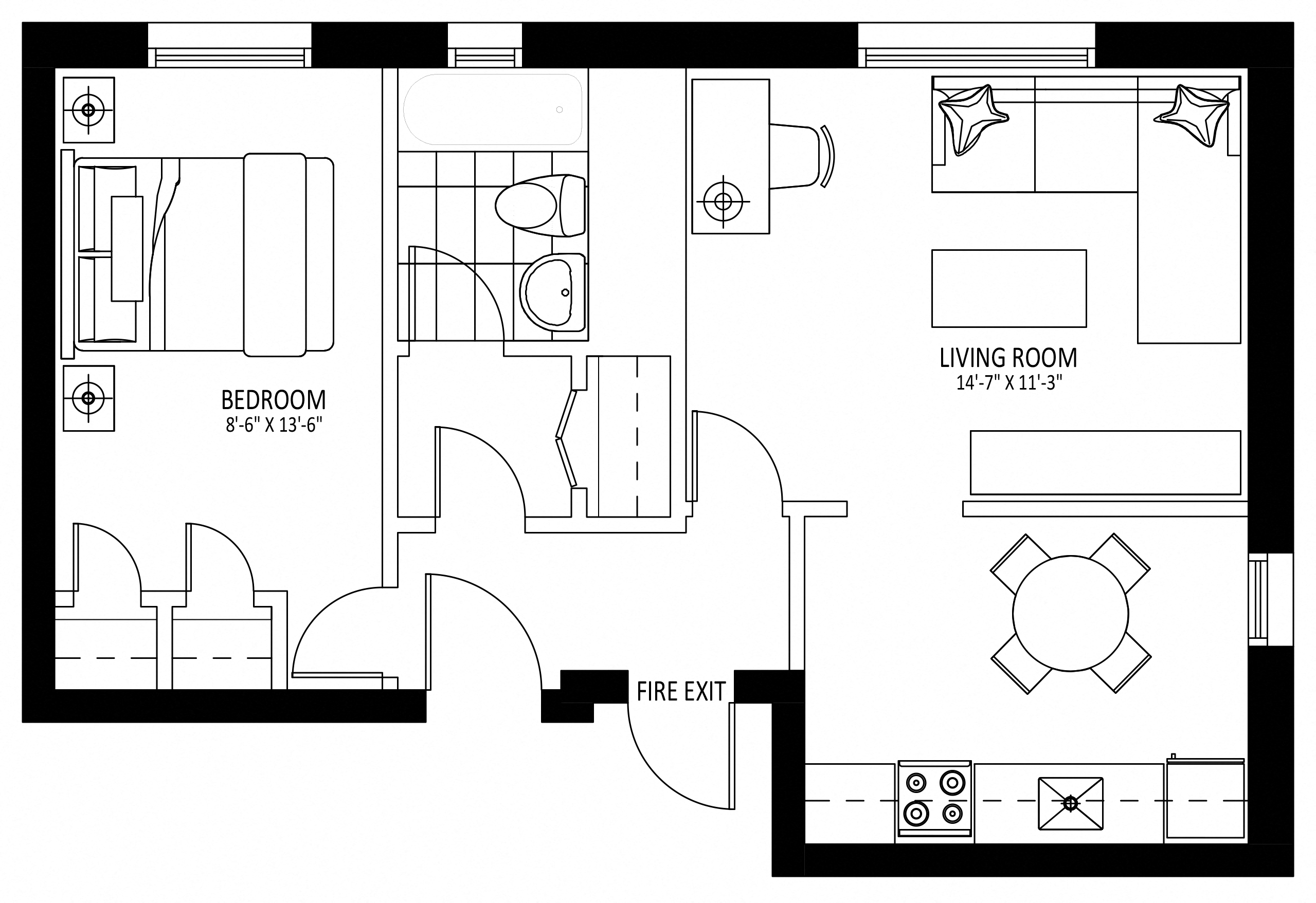 Floor plan for 1 bed, 1 bath, 641 sqft
