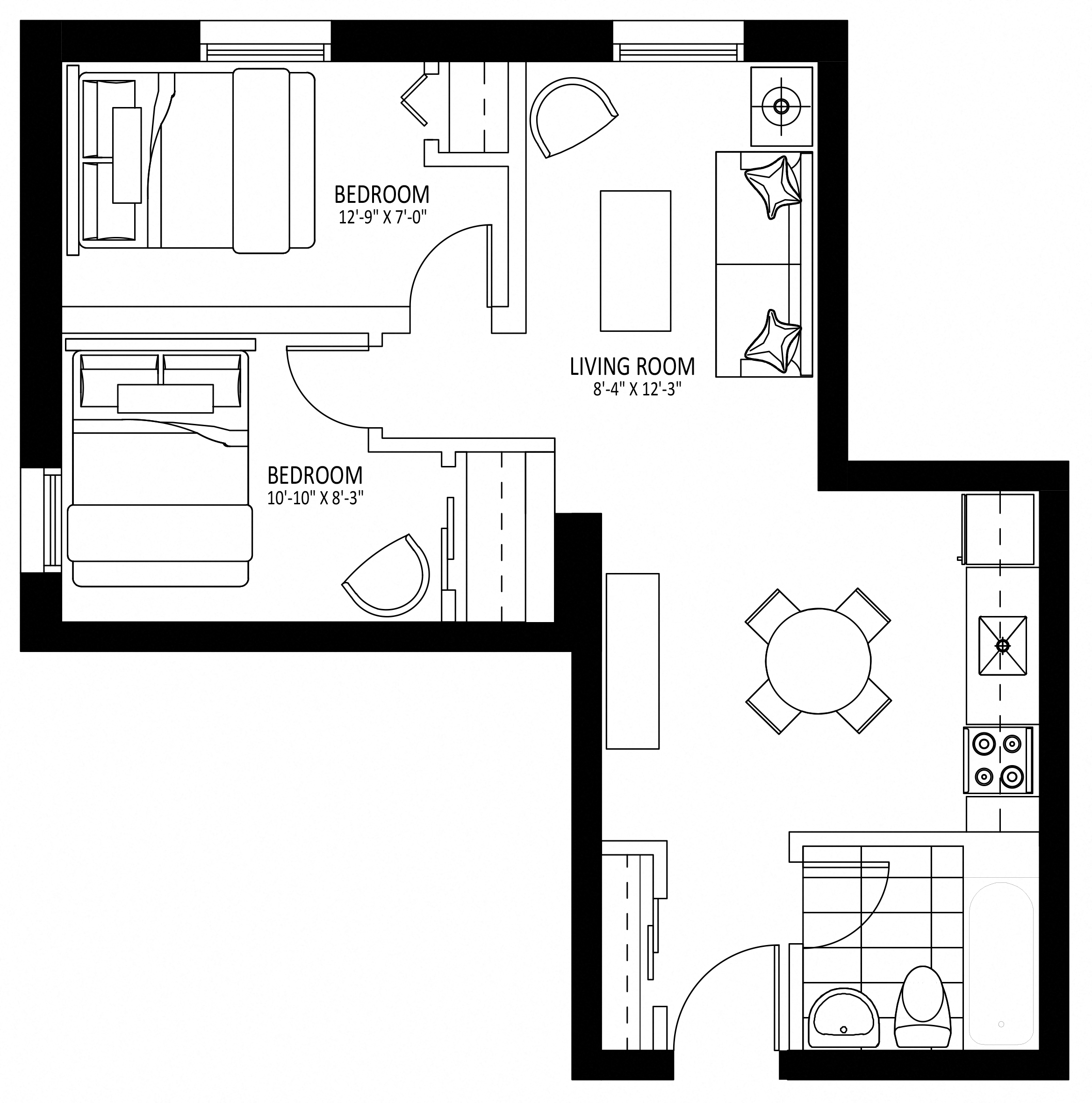 Floor plan for 2 beds, 1 bath, 582 sqft