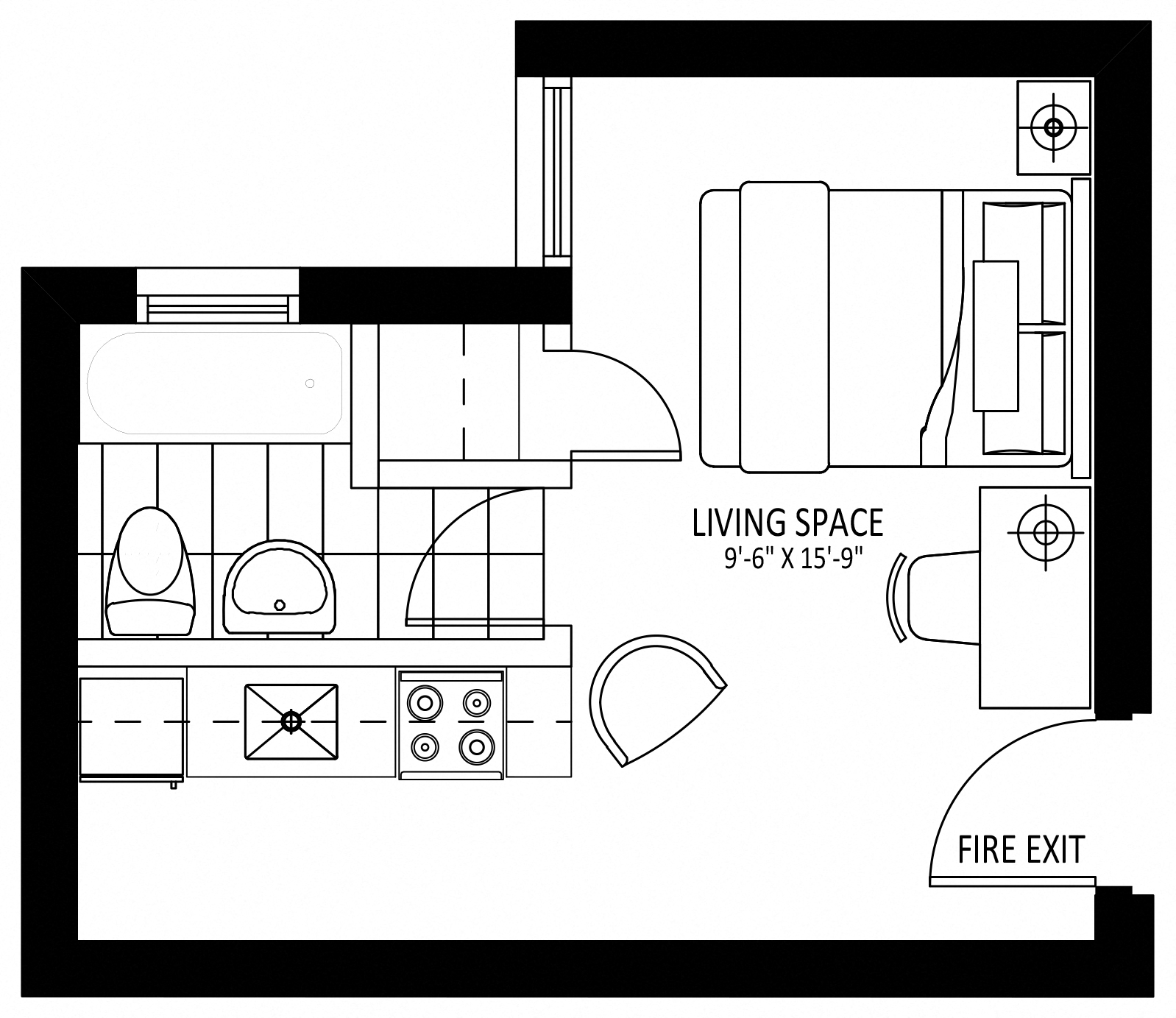 Floor plan for studio, 1 bath, 303 sqft