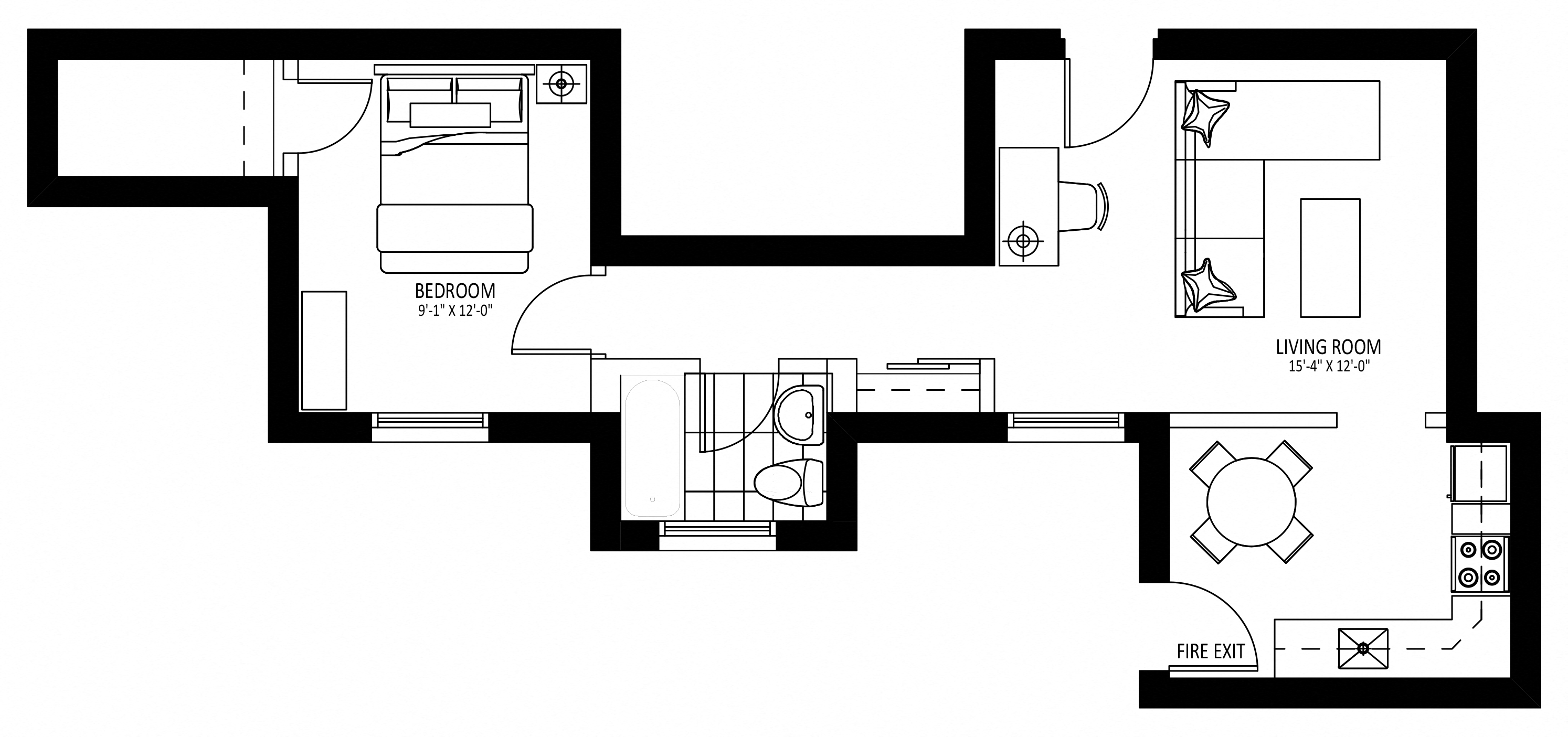 Floor plan for 1 bed, 1 bath, 639 sqft