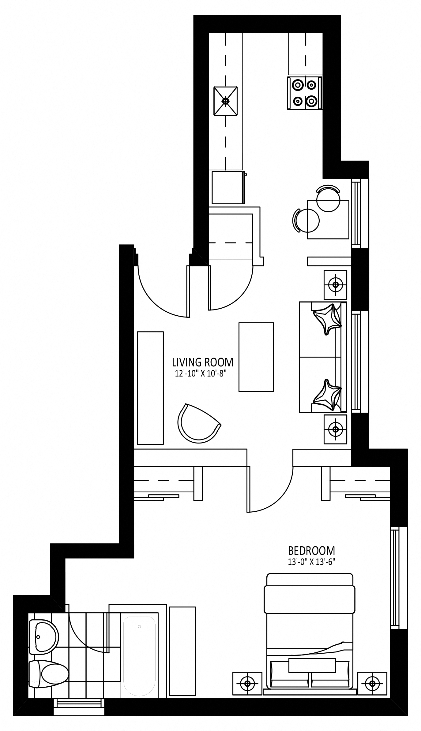 Floor plan for 1 bed, 1 bath, 586 sqft