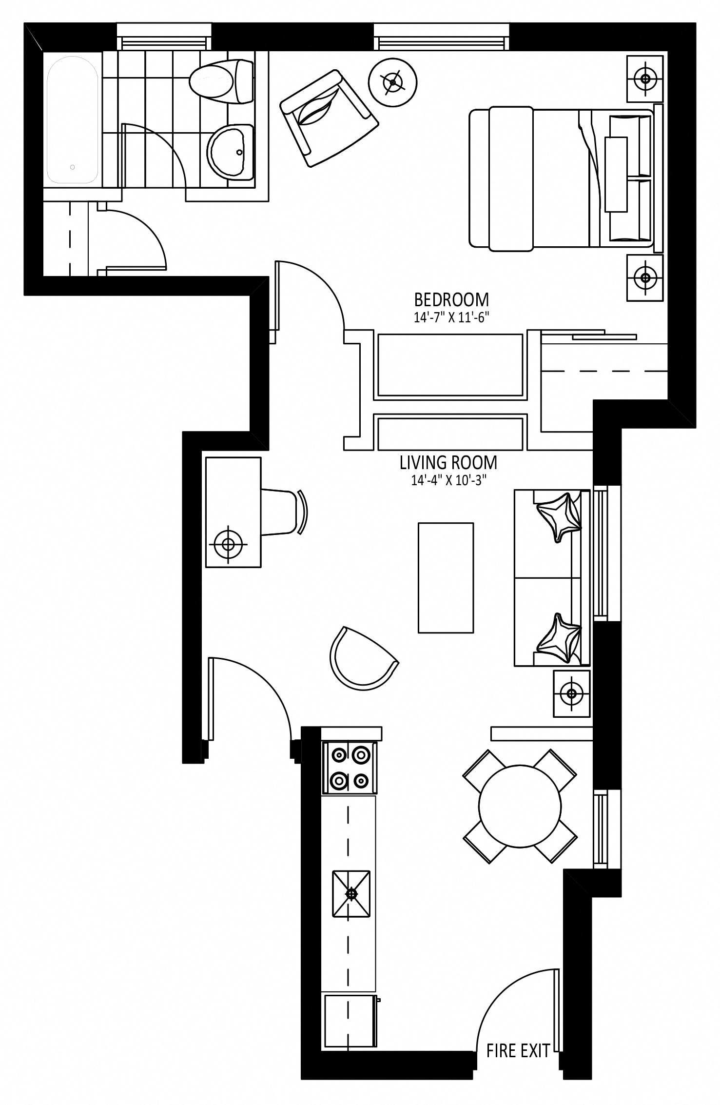 Floor plan for 1 bed, 1 bath, 617 sqft