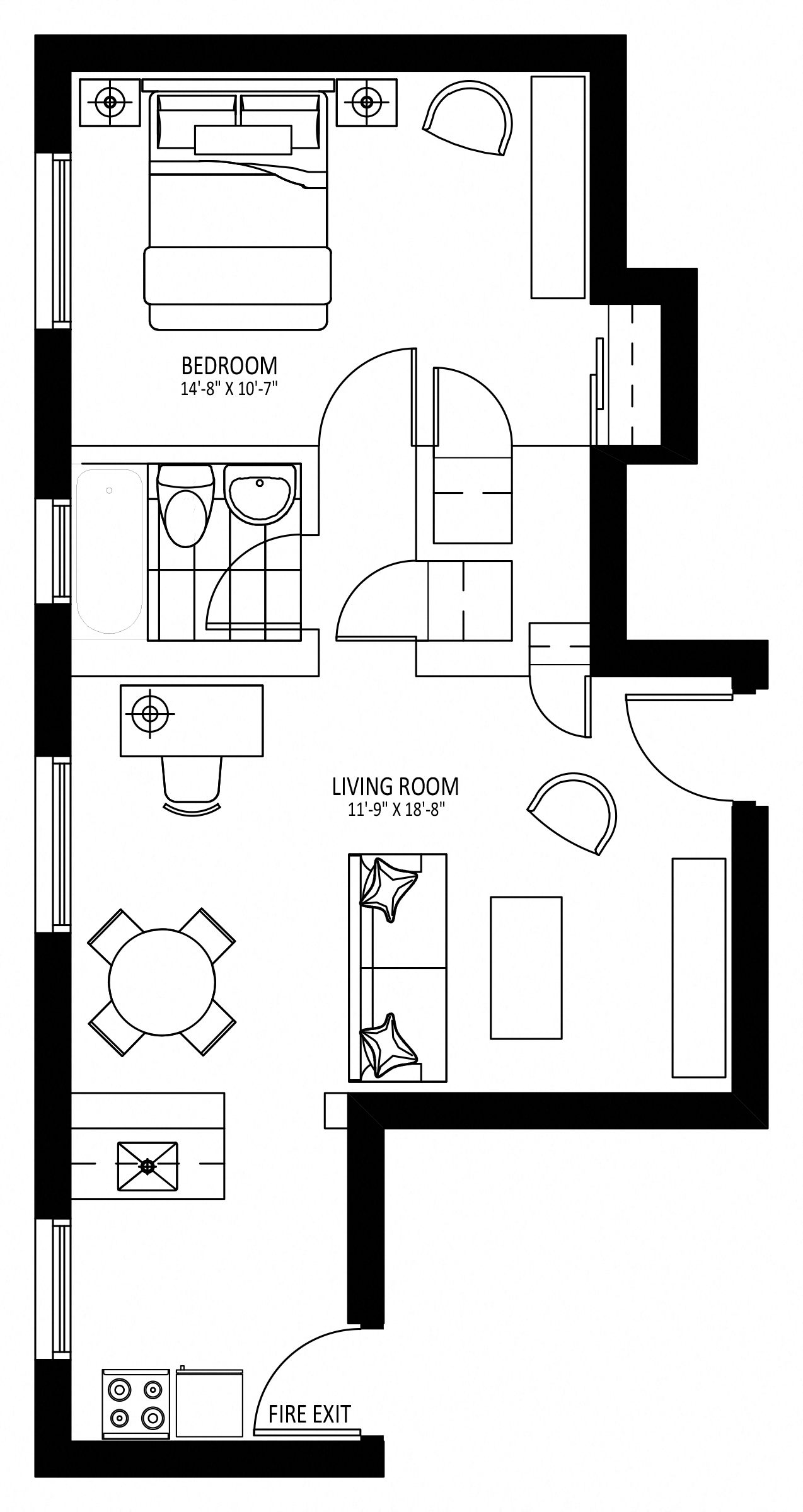 Floor plan for 1 bed, 1 bath, 639 sqft