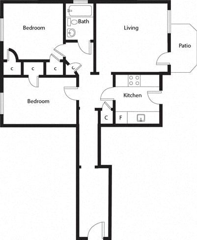 Floor plan for 2 beds, 1 bath, 993 sqft