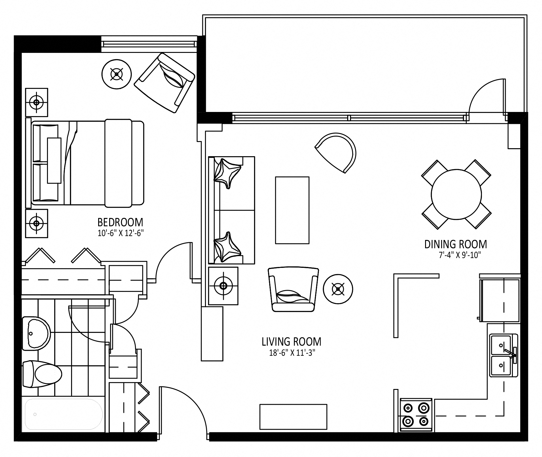 Floor plan for 1 bed, 1 bath, 647 sqft