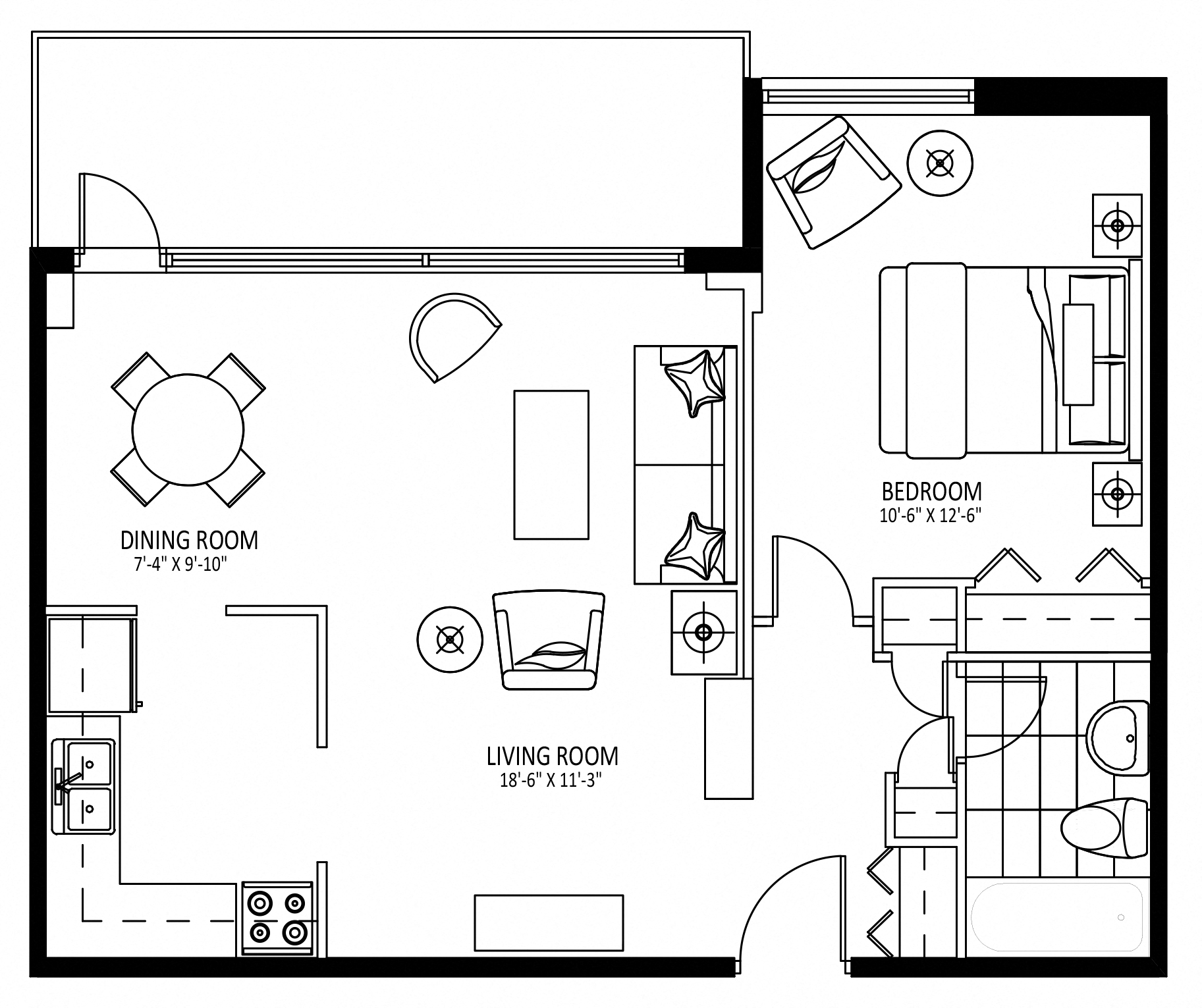 Floor plan for 1 bed, 1 bath, 647 sqft