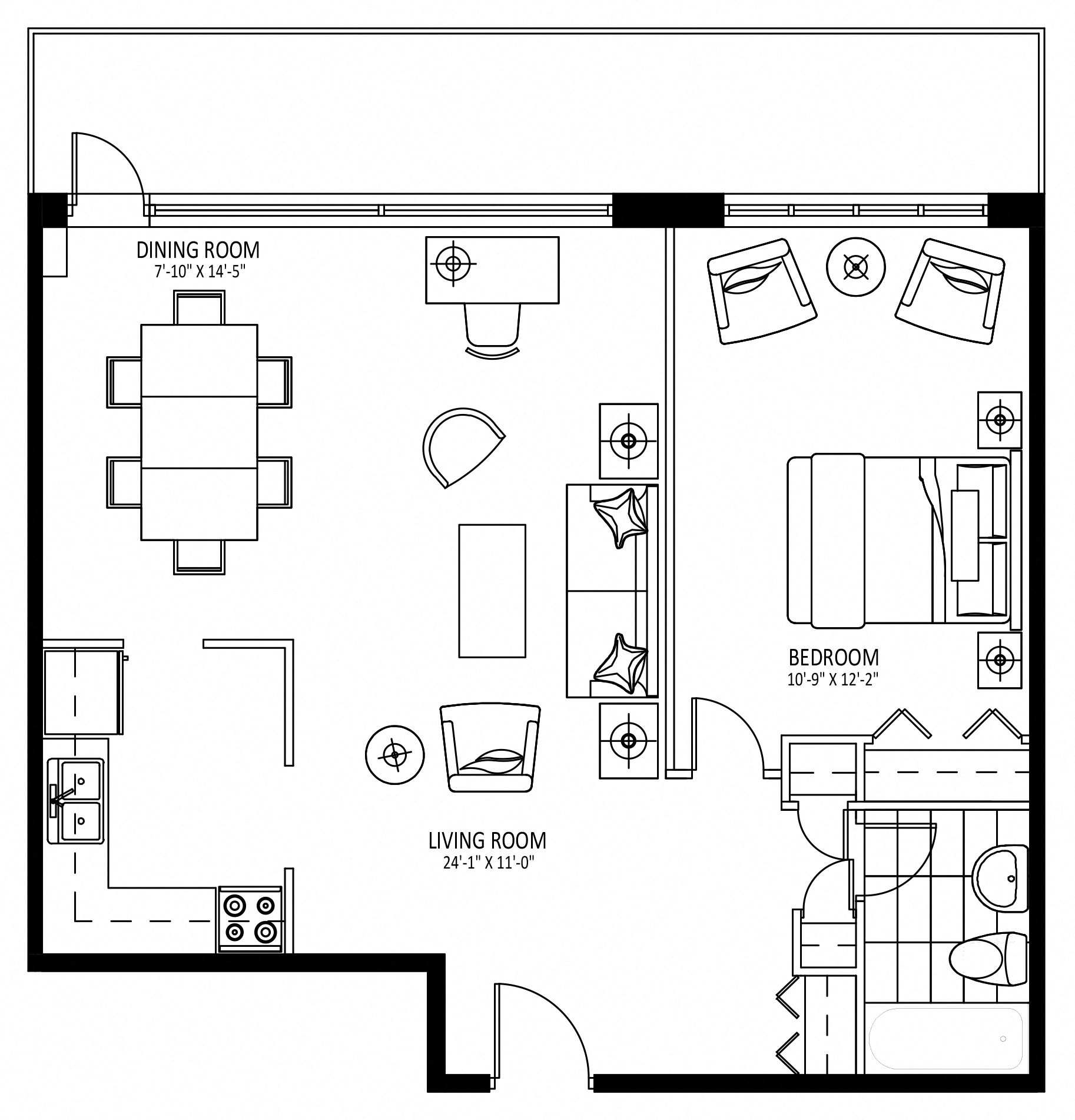 Floor plan for 1 bed, 1 bath, 776 sqft