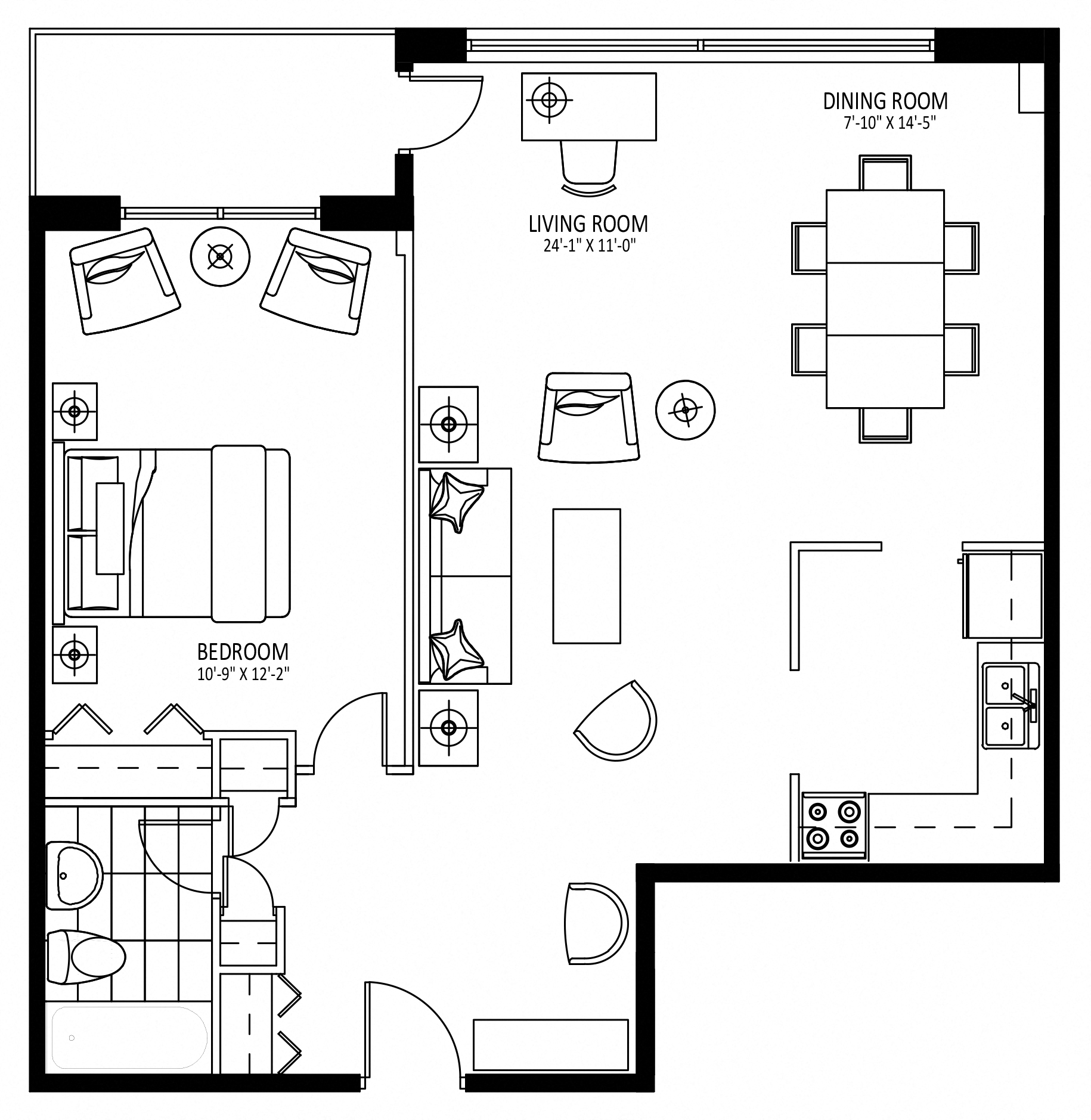 Floor plan for 1 bed, 1 bath, 680 sqft