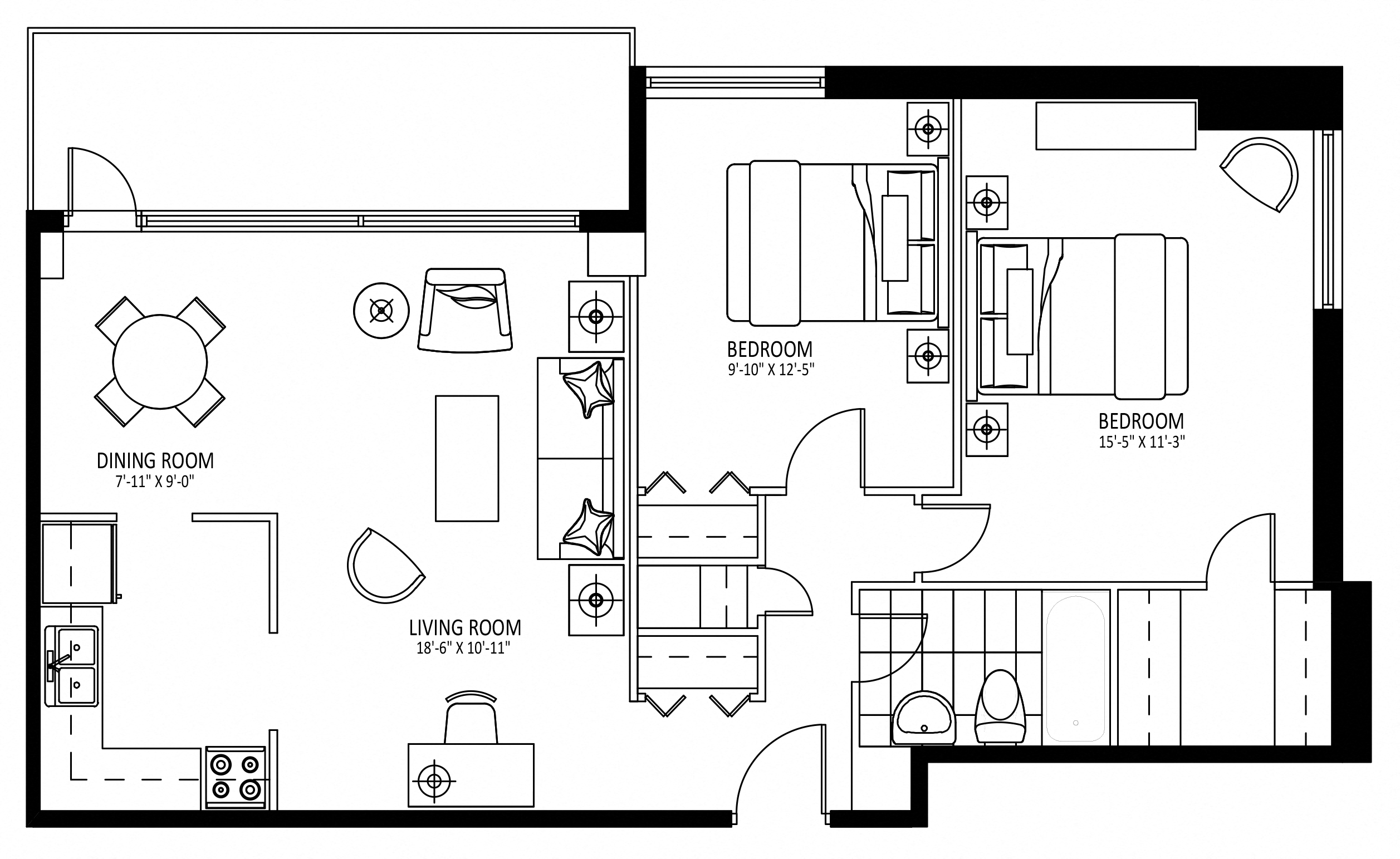 Floor plan for 2 beds, 1 bath, 880 sqft