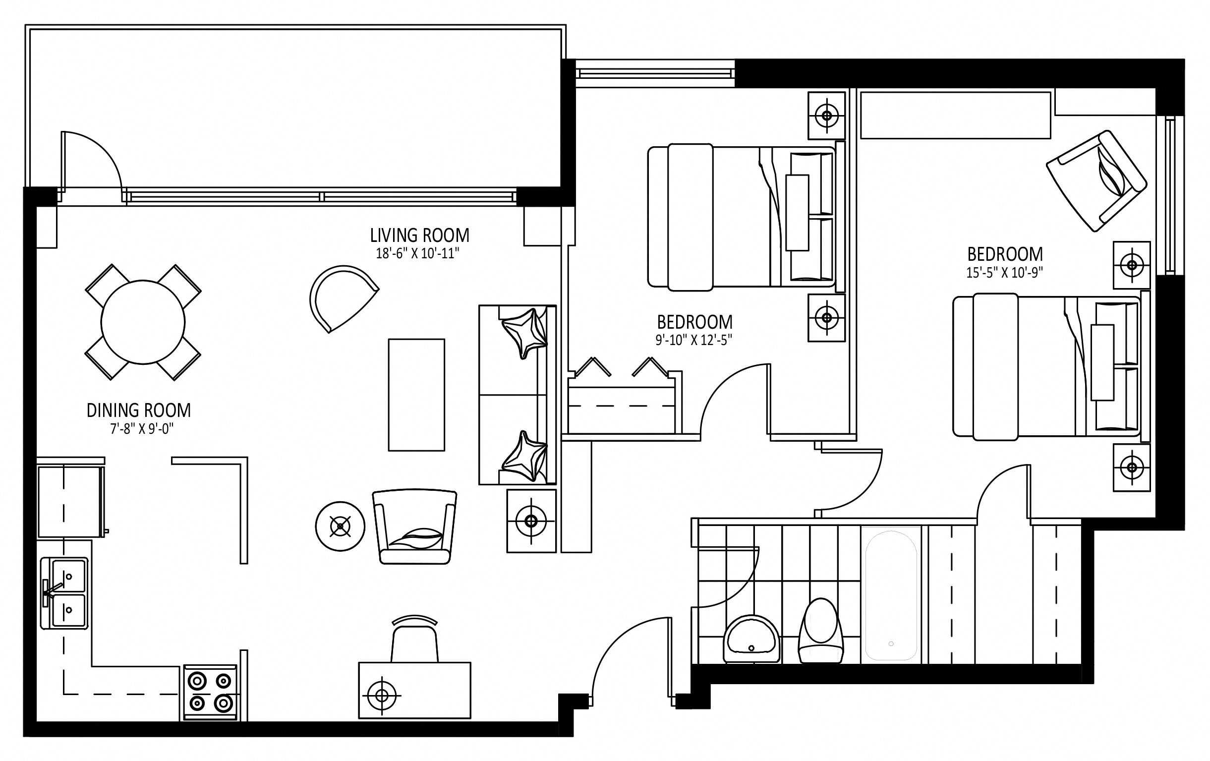 Floor plan for 2 beds, 1 bath, 850 sqft