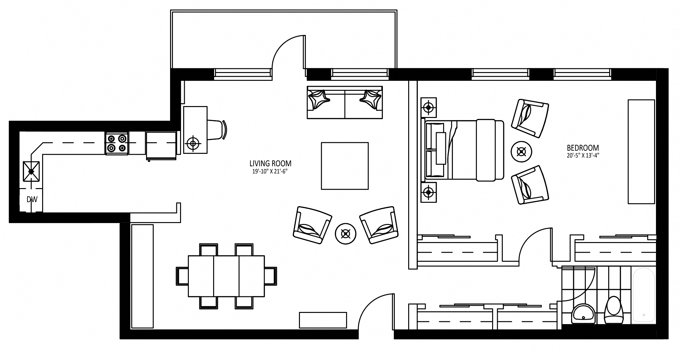 Floor plan for 1 bed, 1 bath, 735 sqft