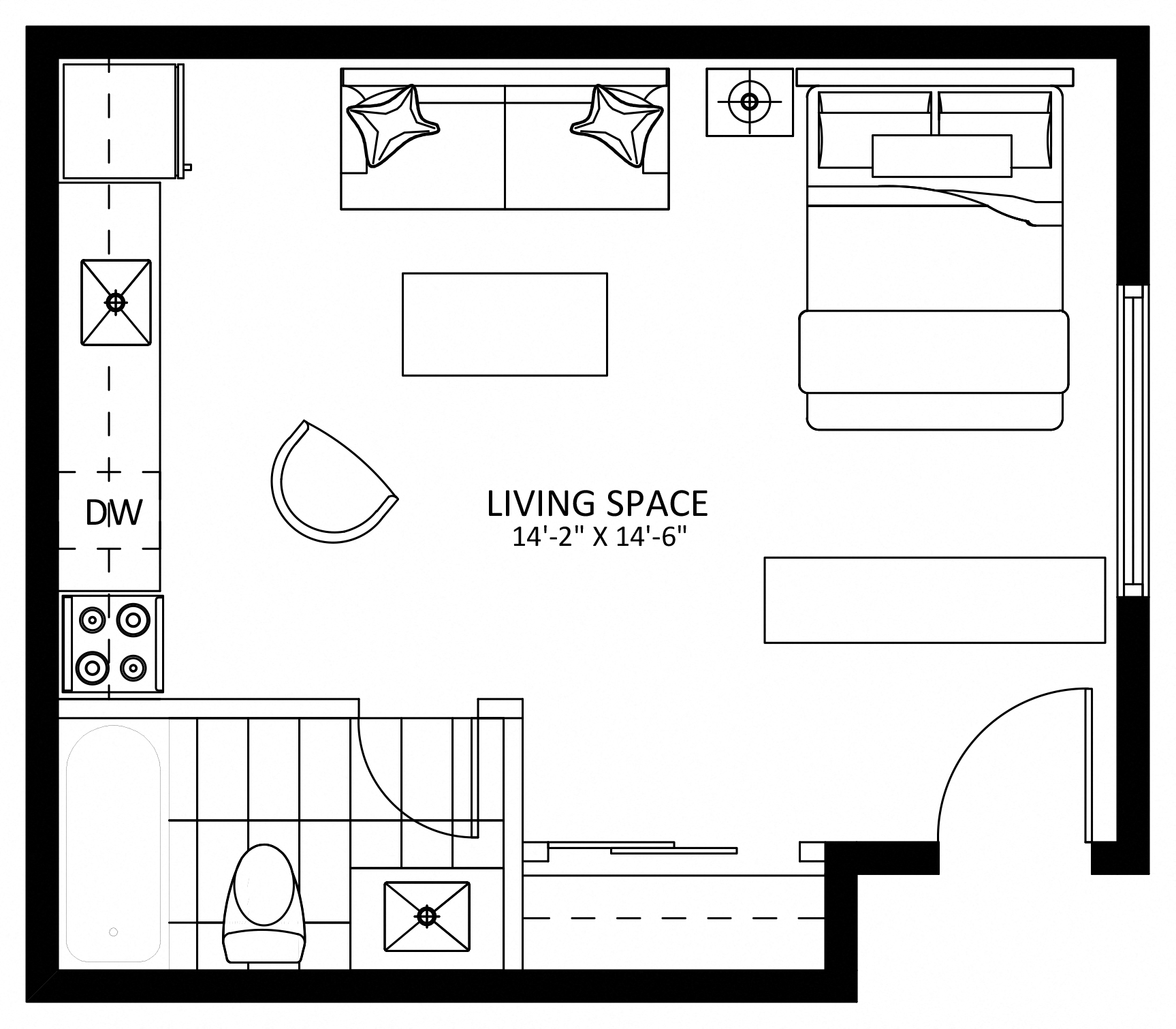 Floor plan for studio, 1 bath, 394 sqft