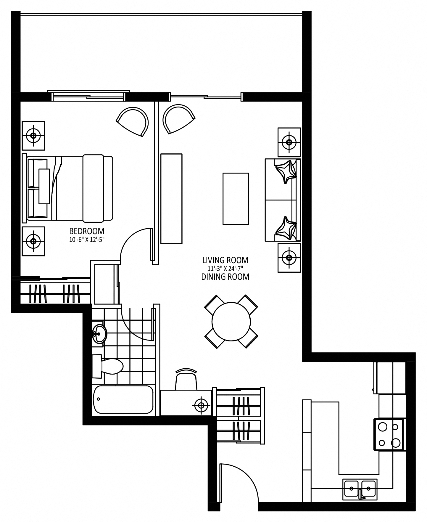 Floor plan for 1 bed, 1 bath, 650 sqft