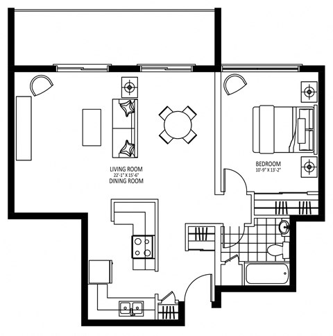 Floor plan for 1 bed, 1 bath, 768 sqft