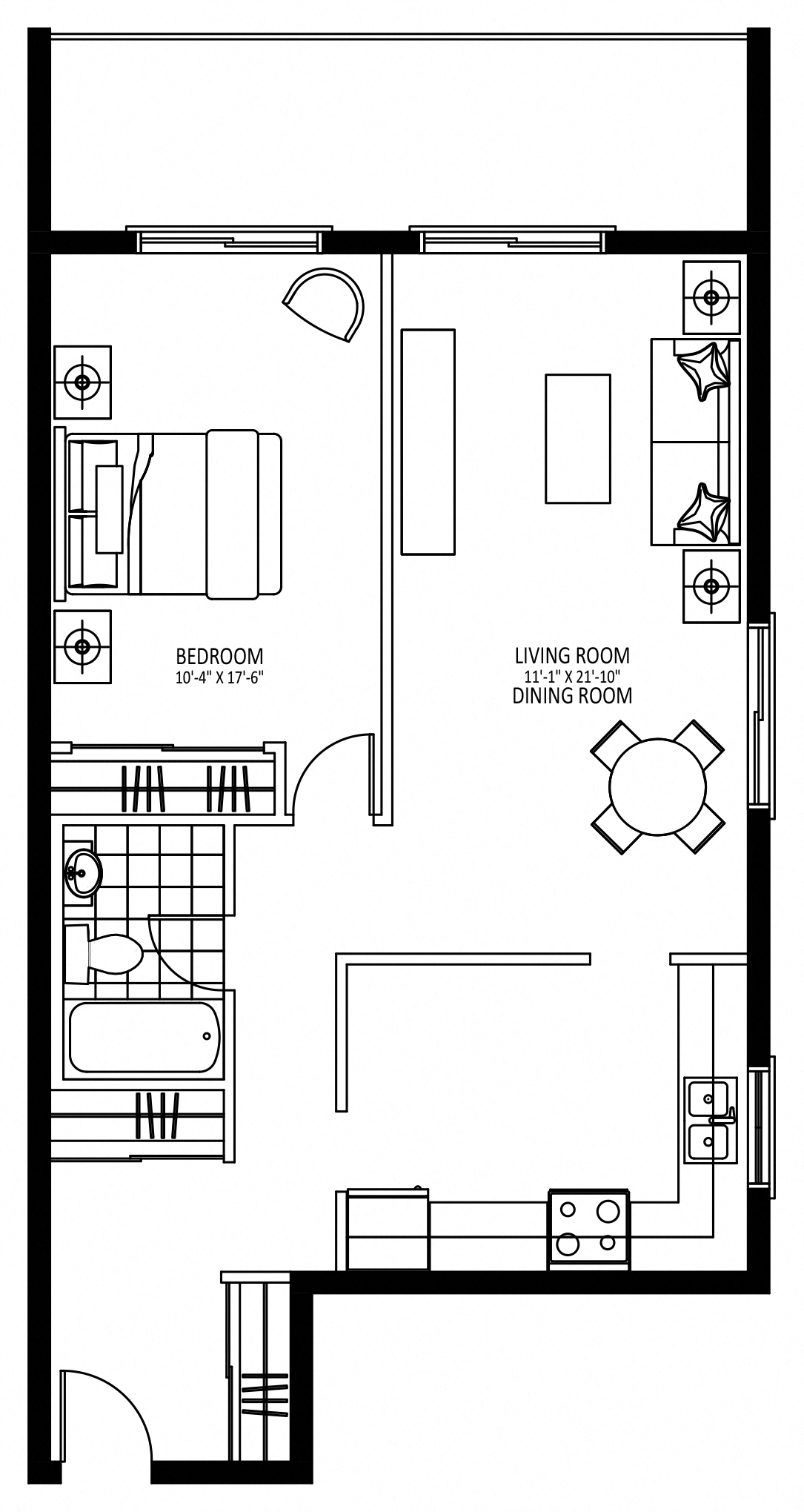 Floor plan for 1 bed, 1 bath, 650 sqft