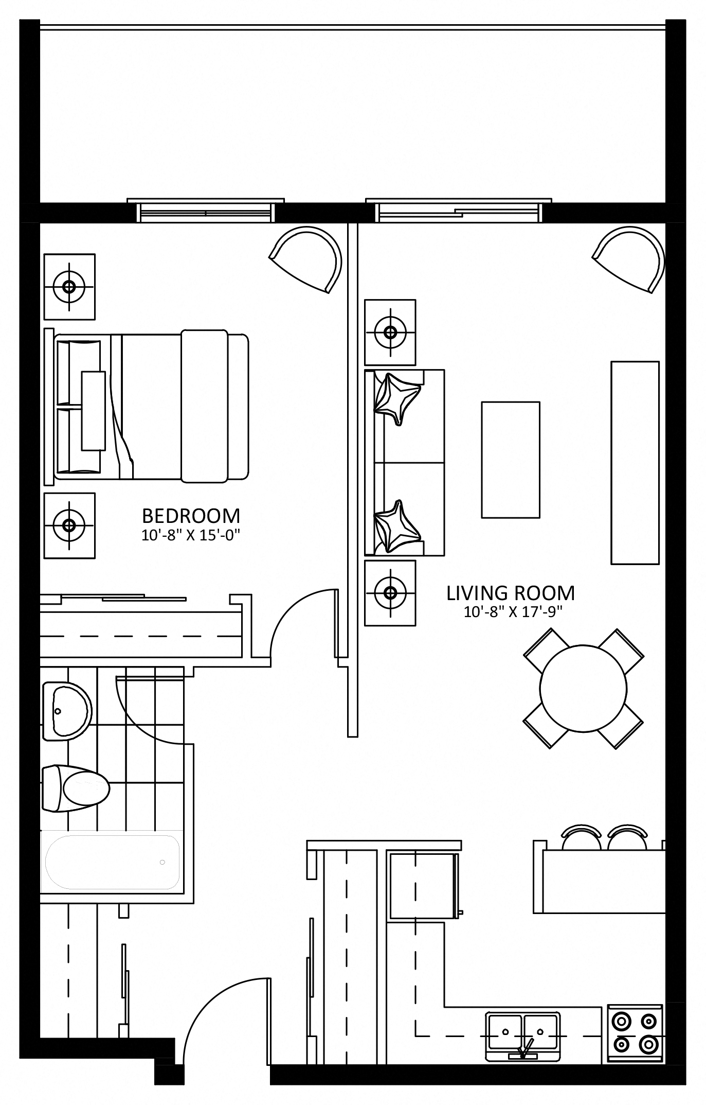 Floor plan for 1 bed, 1 bath, 636 sqft