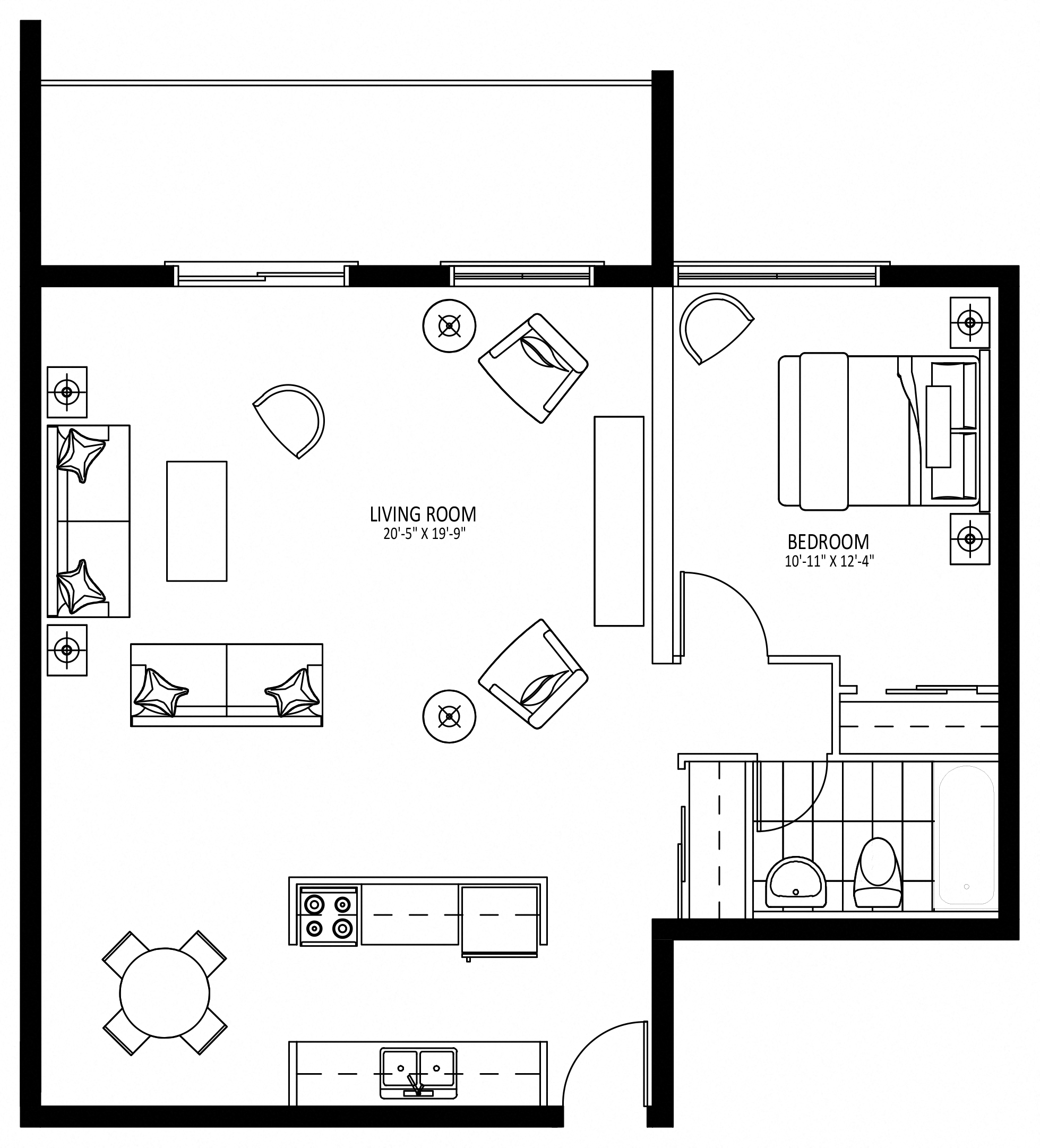Floor plan for 1 bed, 1 bath, 849 sqft