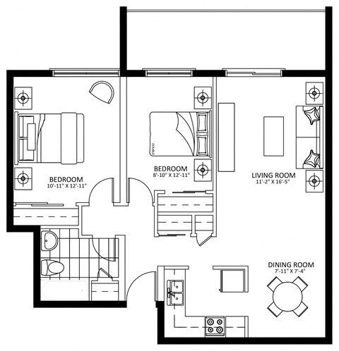 Floor plan for 2 beds, 1 bath, 847 sqft